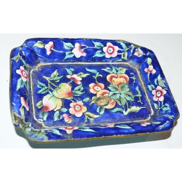 Vtg Chinese Enamel  Dish Flaws 4" Hand painted blue floral crazing rectangle - Picture 1 of 7